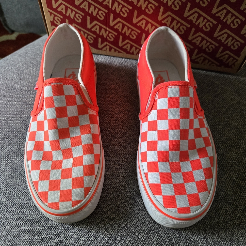 NEW! Vans Bright Orange and White Checkered Slip-On Sneakers